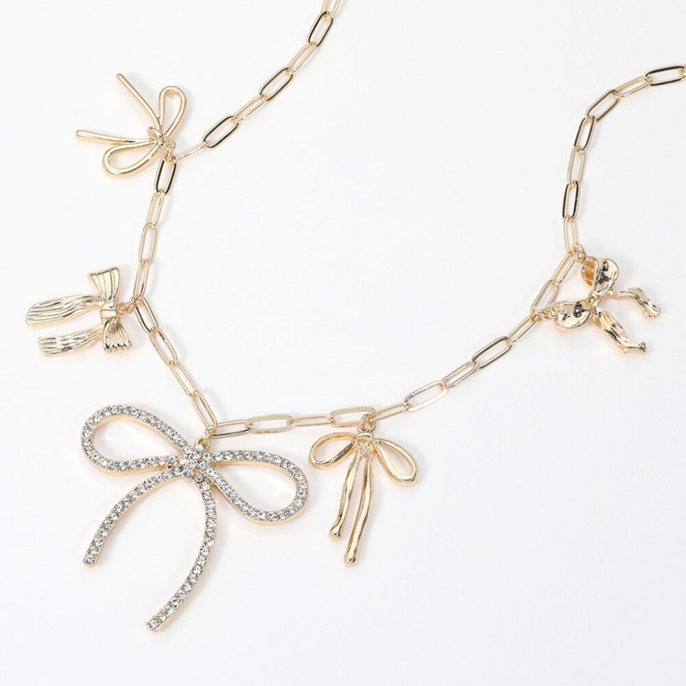 Rhinestone Crystal Bow 18K Gold Plated Charm Paperclip Chain Necklace Bracelet